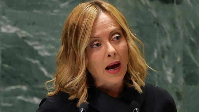 Italy's Prime Minister Giorgia Meloni speaks during the 79th Session of the United Nations General Assembly at the United Nations headquarters in New York City on September 24, 2024. (Photo by Charly TRIBALLEAU / AFP)