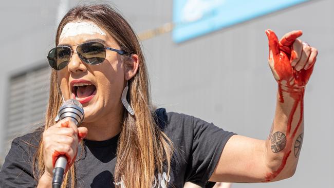 Greens Deputy Leader Lidia Thorpe speaks with mock blood on her hands at an ‘Abolish the Monarchy’ rally in Melbourne on September 22. Picture: Asanka Ratnayake/Getty Images