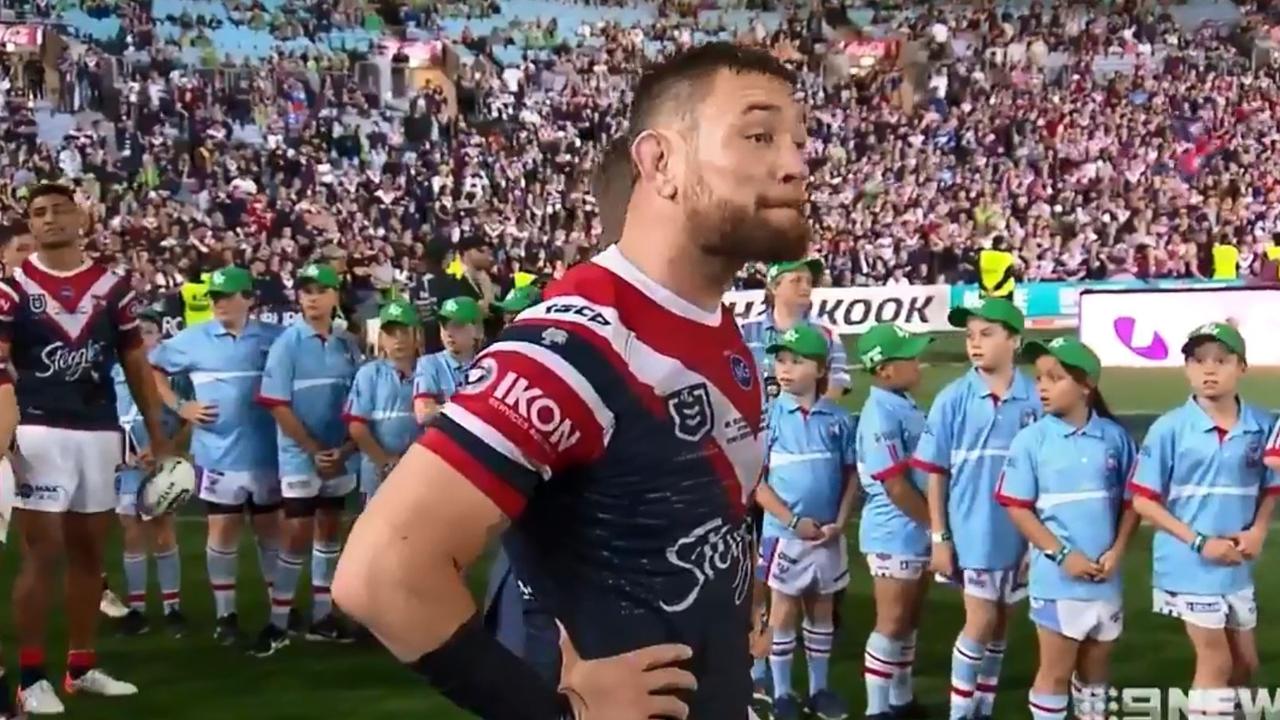 Moment Jared Waerea-Hargreaves was told that he won the Clive Churchill Medal Picture: 9News