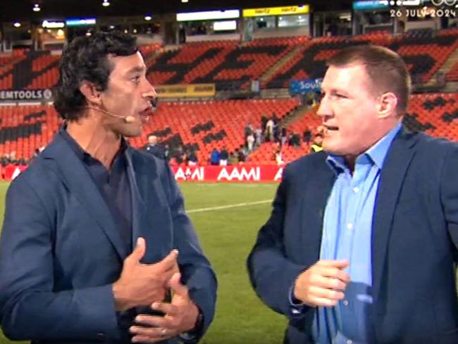 It got hot between Brad Fittler, johnathan Thurston and Paul Gallen. Photo: Channel 9.