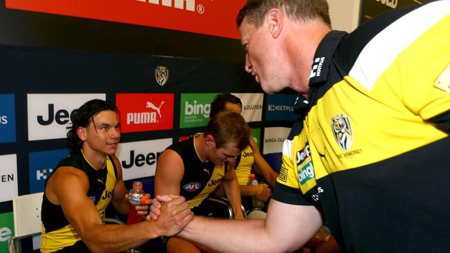 Hardwick acknowledges Daniel Rioli after a Tiges win. Picture: Getty Images