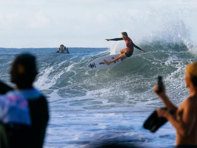 Eight-time WSL Champion Stephanie Gilmore of Australia surfs in the Snapper World Champs Heat at the Bonsoy Gold Coast Pro on April 27, 2024 at Gold Coast, Queensland, Australia. (Photo by Cait Miers/World Surf League)