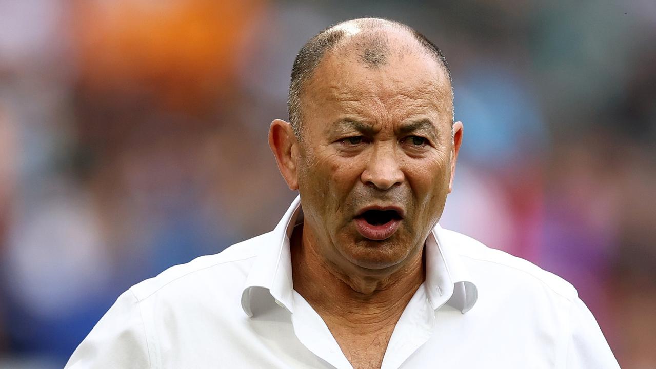 SAINT-ETIENNE, FRANCE - SEPTEMBER 17: Eddie Jones, Head Coach of Australia, looks on prior to the Rugby World Cup France 2023 match between Australia and Fiji at Stade Geoffroy-Guichard on September 17, 2023 in Saint-Etienne, France. (Photo by Chris Hyde/Getty Images)