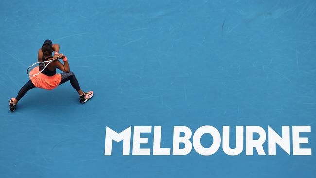 Naomi Osaka of Japan plays a backhand in her Women's Singles first round match against Anastasia Pavlyuchenkova of Russia during day one of the 2021 Australian Open at Melbourne Park. Picture: Getty Images