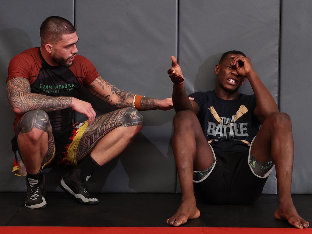 In the trenches: Tyson Pedro (L) and Israel Adesanya (R) training at City Kickboxing in Auckland. Picture: Phil Walter/Zuffa LLC