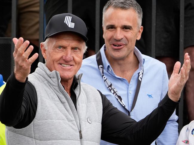 ADELAIDE, AUSTRALIA - APRIL 26: LIV golf boss Greg Norman and  Premier of South Australia Peter Malinauskas during LIV Adelaide at The Grange Golf Club on April 26, 2024 in Adelaide, Australia. (Photo by Asanka Ratnayake/Getty Images)