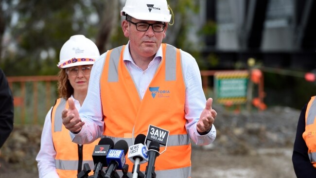 Victorian Premier Daniel Andrews visits the rail duplication project on the Cranbourne rail line in Melbourne's outer southeast on Thursday. Picture: NCA NewsWire / Andrew Henshaw