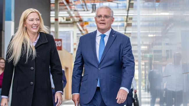 Prime Minister Scott Morrison with Dr Rachel Swift, Liberal Candidate for Boothby at Sage Automation on April 20.