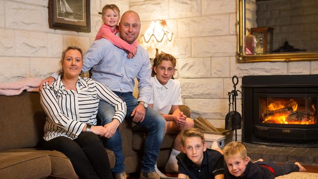 Travis and Kylie Hamilton at home in Nar Nar Goon with children Pippa-May, 4, Jack, 15, Brodie, 13, and Jetta, 5. Picture: Paul Jeffers