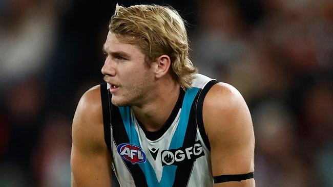 MELBOURNE, AUSTRALIA - APRIL 28: Jason Horne-Francis of the Power looks on during the 2023 AFL Round 07 match between the St Kilda Saints and the Port Adelaide Power at Marvel Stadium on April 28, 2023 in Melbourne, Australia. (Photo by Michael Wilson/AFL Photos via Getty Images)