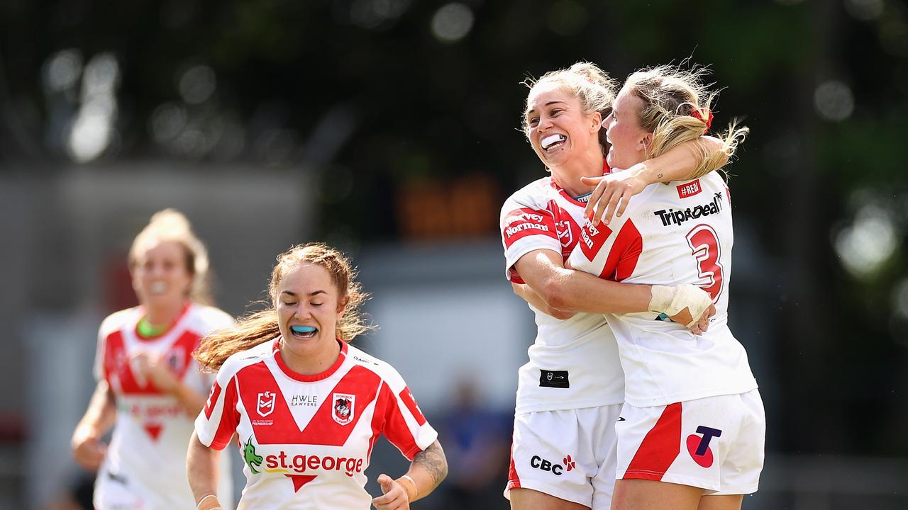 Kezie Apps and Jamie Chapman celebrate reaching the NRLW Grand Final. Picture: Getty