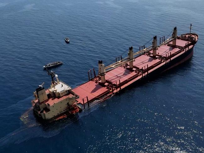 The Rubymar cargo ship sinking off the coast of Yemen. Picture: AL-JOUMHOURIYA TV / AFP