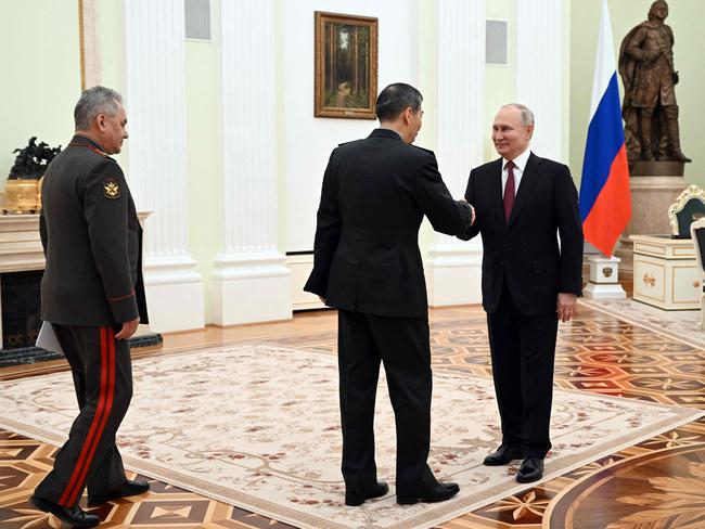 Russian President Vladimir Putin meets with Chinese Defence Minister Li Shangfu at the Kremlin in Moscow. Picture: AFP