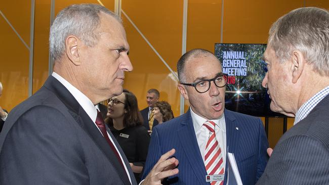 NAB chairman Ken Henry (left) and NAB Group chief executive officer Andrew Thorburn at NAB’s 2018 AGM in Melbourne. Picture: AAP