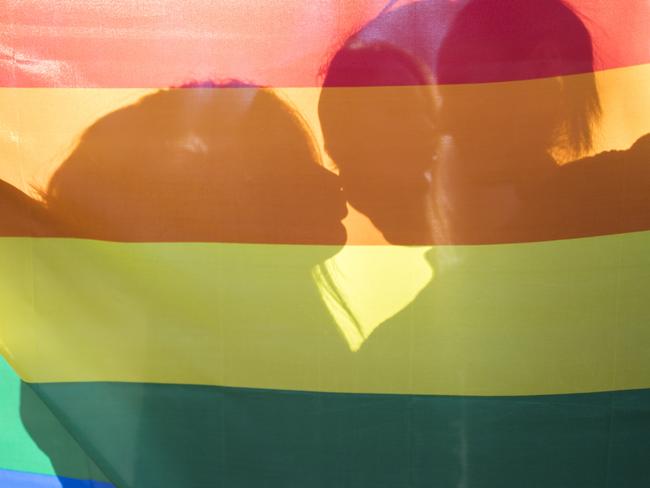 people, homosexuality, same-sex marriage, gay and love concept - close up of happy lesbian couple holding rainbow flag