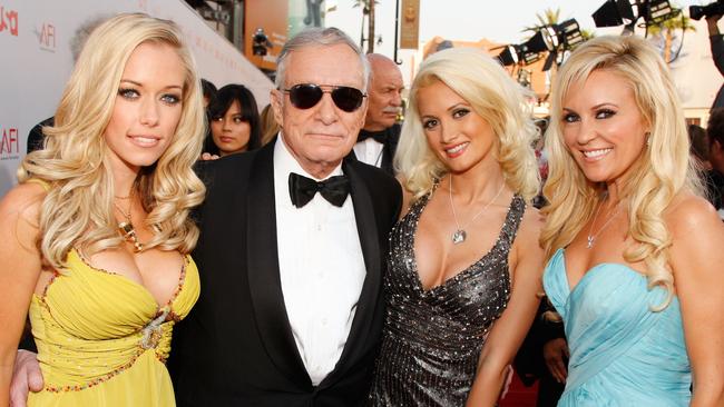 Hugh Hefner arrives with Girls Next Door stars Kendra Wilkinson, Holly Madison and Bridget Marquardt in 2008. Picture: Frazer Harrison/Getty Images for AFI