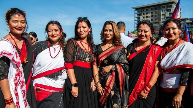 Samita Maharjan, Kajal Maharjan, Sandhya Maharjan, Daisy Twayana and Simon Sangat at the 2024 Darwin Nepalese Festival. Picture: Pema Tamang Pakhrin