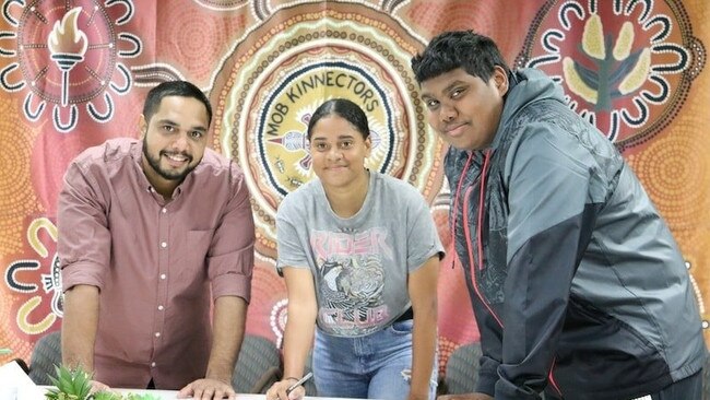 Gunya Meta Indigenous Mentor Michael Orcher and racing candidates Breeanna Oui and Malachi Green (Supplied: Racing Together).