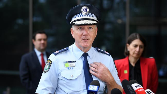 NSW Police Commissioner Mick Fuller speaks to the media outside the RFS Headquarters in Sydney on Wednesday. Picture: Joel Carrett