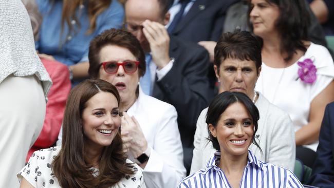 Kate, Duchess of Cambridge and Meghan, Duchess of Sussex, right, watch the women's singles final match between Serena Williams of the US and Angelique Kerber of Germany.