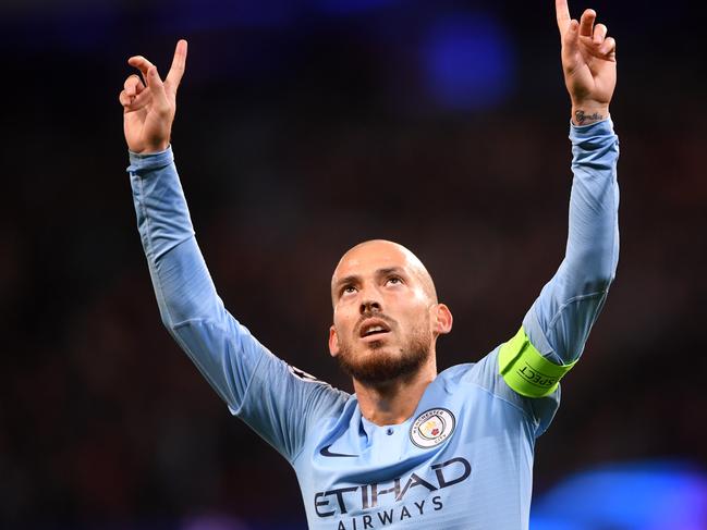 MANCHESTER, ENGLAND - NOVEMBER 07: David Silva of Manchester City celebrates after scoring his team's first goal during the Group F match of the UEFA Champions League between Manchester City and FC Shakhtar Donetsk at Etihad Stadium on November 7, 2018 in Manchester, United Kingdom.  (Photo by Laurence Griffiths/Getty Images)