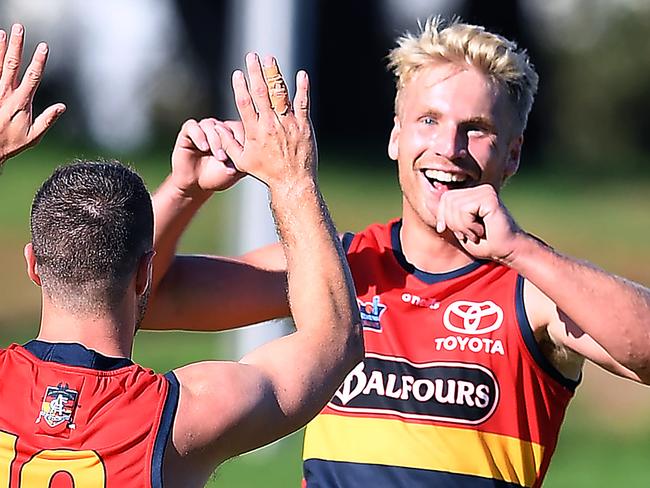 Billy Frampton of the Crows celebrates a goal with Matthew Wright of the Crows during the  SANFL game between Central District and Adelaide at Elizabeth Oval.Saturday April,24,2021.Picture Mark Brake