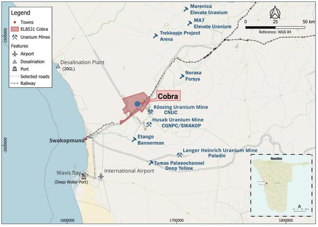 Namibia’s uranium mines and the Cobra project location. Pic supplied: (SMS)