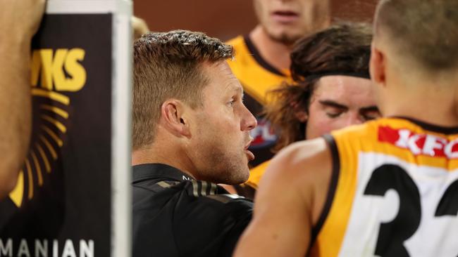 Sam Mitchell speaking to his players during their win over Port Adelaide. Picture: Getty Images