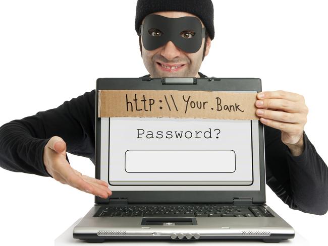 A thief (dressed in black and eye-masked) pops up from behind a laptop's screen and hides the real URL by planting a fake one on it, clumsily written on a piece of cardboard as a visual metaphor for the phishing technique. Then, he "kindly" invites the user to fill in his/her bank account's password.