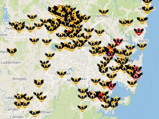 A map of reported swoopings around Sydney so far this season. Picture: Magpie Alert