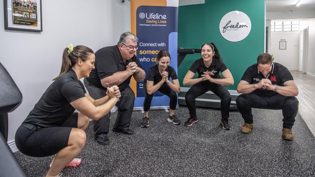 At The Push-Up Challenge launch in Toowoomba (from left) Nicole Steffens, Derek Tuffield, Layla Millington, Catherine Johnson and Matt Gregg. Picture: Nev Madsen.