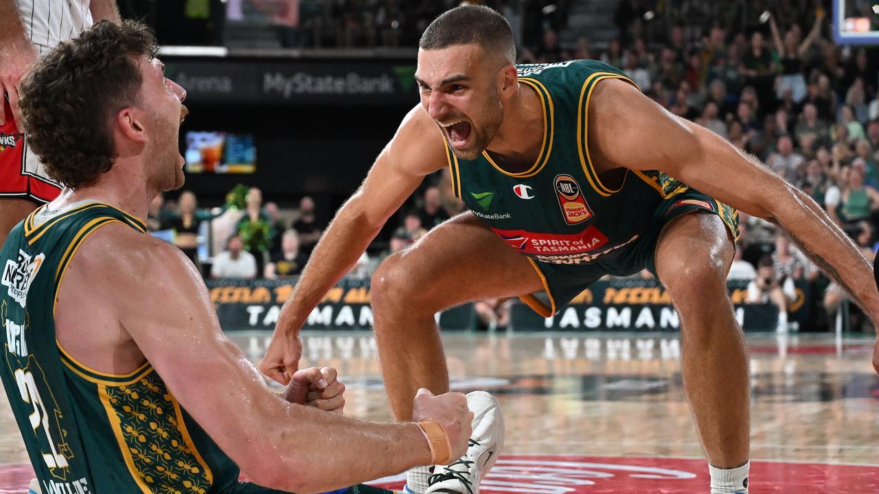 HOBART, AUSTRALIA - FEBRUARY 28: Jack McVeigh and Will Magnay of the Jackjumpers celebrate during the NBL Seeding Qualifier match between Tasmania Jackjumpers and Illawarra Hawks at MyState Bank Arena, on February 28, 2024, in Hobart, Australia. (Photo by Steve Bell/Getty Images)