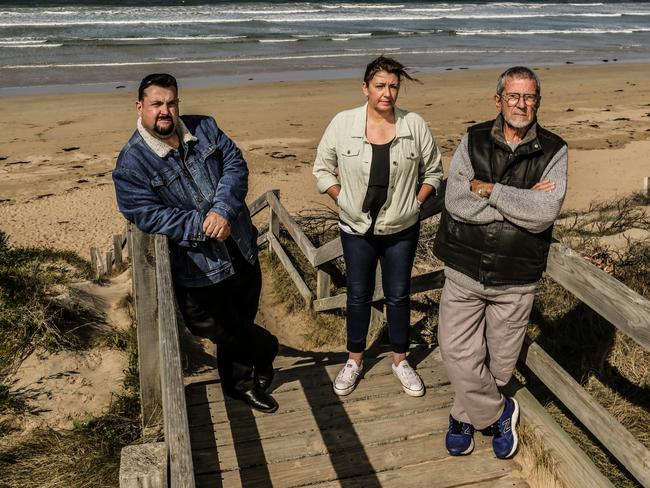 Chris Gaskill, Amanda Gaskill and friend of Simon Gaskill, Cam Miller, at Ocean Grove. Picture: Julian Kingma