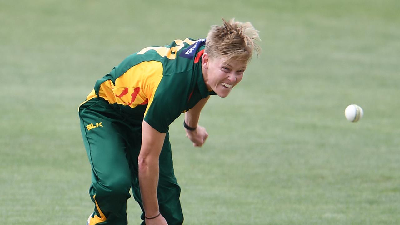 Nathan Ellis charges in for Tasmania during the Marsh Cup.