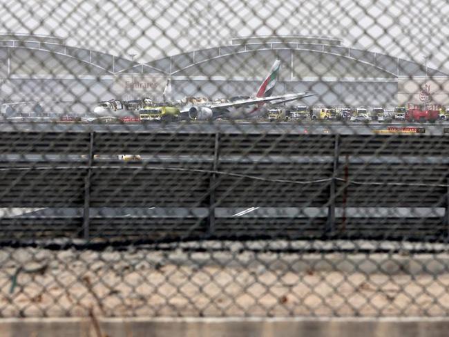 A damaged Boeing 777 is seen at the Dubai airport after it crash-landed, in Dubai, United Arab Emirates. Picture: Jon Gambrell/AP