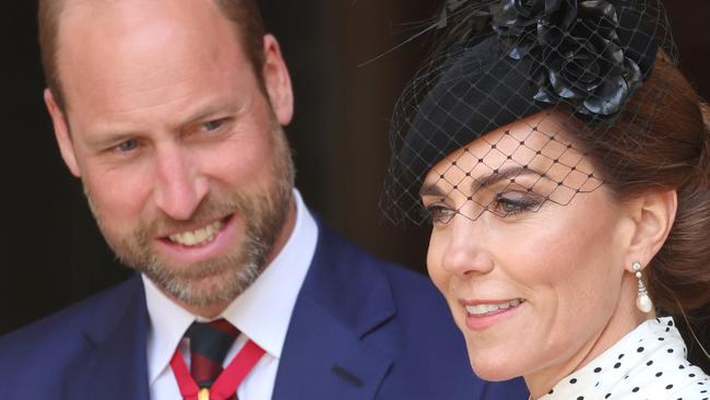 LONDON, ENGLAND - MAY 08: Catherine, Princess of Wales with a bouquet of flowers, departs with Prince William, Prince of Wales after attending the Thanksgiving Service to mark the 80th anniversary of VE Day at Westminster Abbey on May 08, 2025 in London, England. The King and Queen, joined by members of the Royal Family, will take part in events from May 5th to May 8th to commemorate the 80th Anniversary of VE Day, which signalled the end of the Second World War in Europe. (Photo by Chris Jackson/Getty Images)