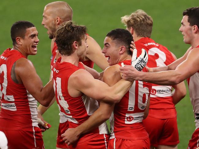 Zac Foot celebrates a goal for the Sydney Swans against Greater Western Sydney Giants in Perth last year. Picture: Paul Kane