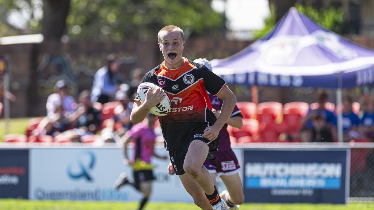 Nate Goulding on the way to try for Southern Suburbs against Dalby Devils in U14 boys Toowoomba Junior Rugby League grand final at Toowoomba Sports Ground, Saturday, September 7, 2024. Picture: Kevin Farmer