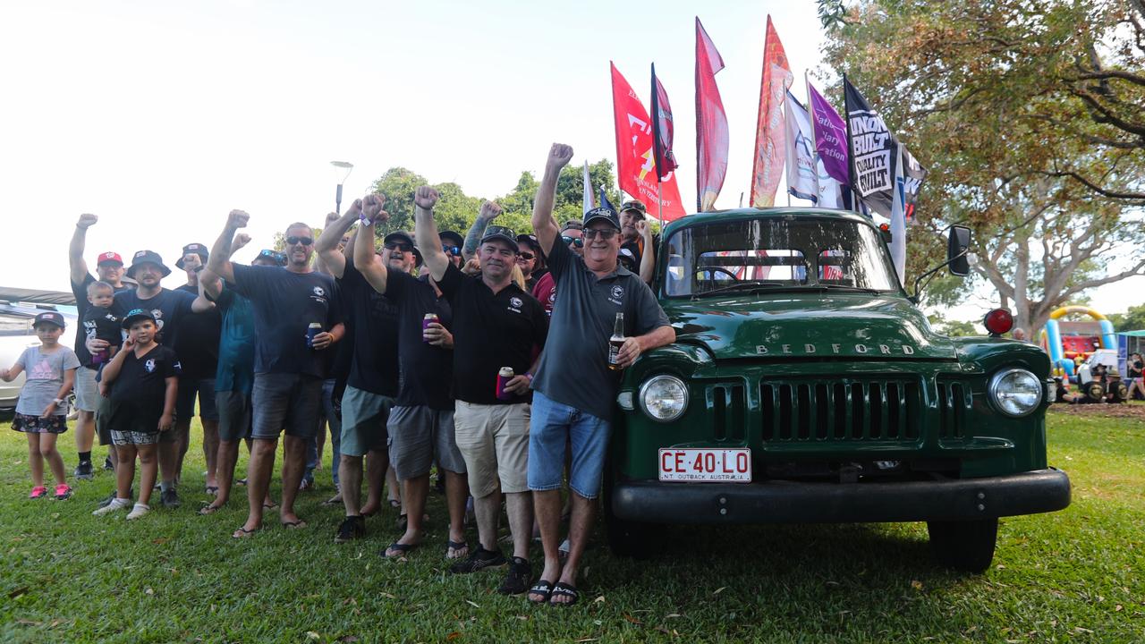 Maritime Union of Australia members standing with the Bedford truck driven by civil rights activist Brian Manning during the Wave Hill Walk-off after the truck led the May Day march on Monday, May 5. Picture: Zizi Averill