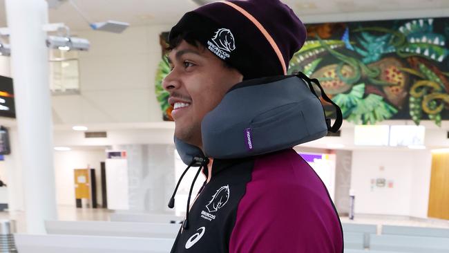 Selwyn Cobbo, Brisbane Broncos return home to Brisbane Airport after losing to the NZ Warriors. Picture: Liam Kidston