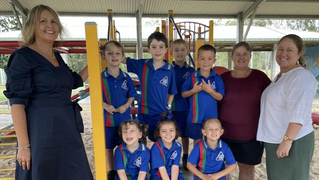 MY FIRST YEAR: Widgee State School Preps (Back from left) Principal Jennifer Cox, Cedar, Levi, Alistair, Ashton, Karen Andreassen, Kyle Reedman (teacher aide) (front from left) Sylvie, Harper, Lacey-Ann.