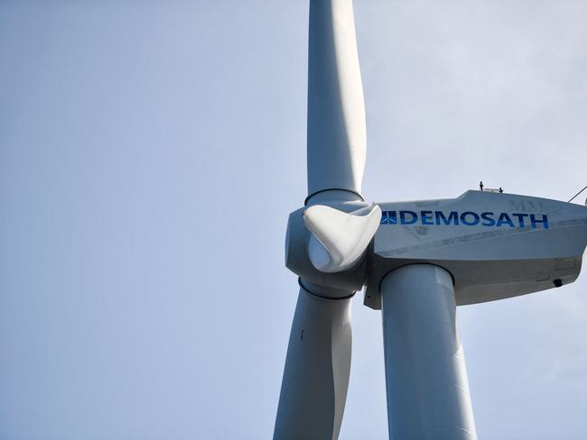 This photograph taken on March 21, 2024 shows the Demosath offshore wind turbine, off the coast of the Spanish Basque town of Armintza. Demosath is the first offshore wind turbine in Spain and can generate 2 MW of energy. (Photo by ANDER GILLENEA / AFP)