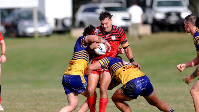 Michael Thomas being tackled by the Giants’ defence. Picture: DC Sports Photography