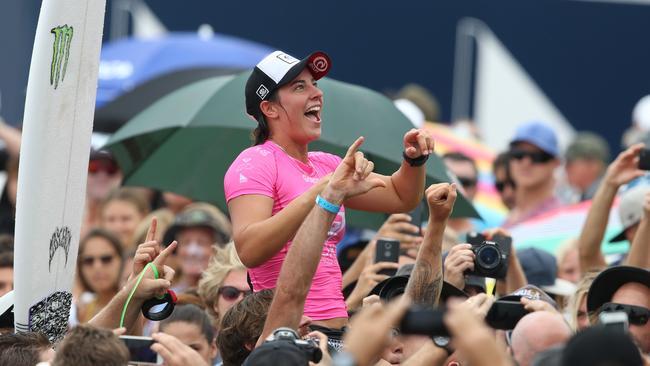 Tyler Wright celebrates her win at Snapper Rocks. Picture Glenn Hampson