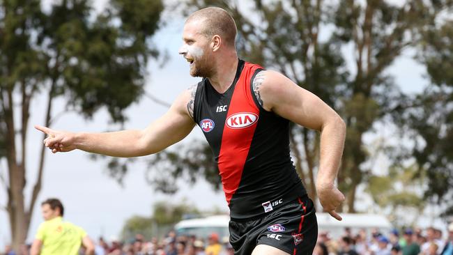 Essendon recruit Jake Stringer celebrates a goal against Geelong last weekend. Picture: Michael Klein