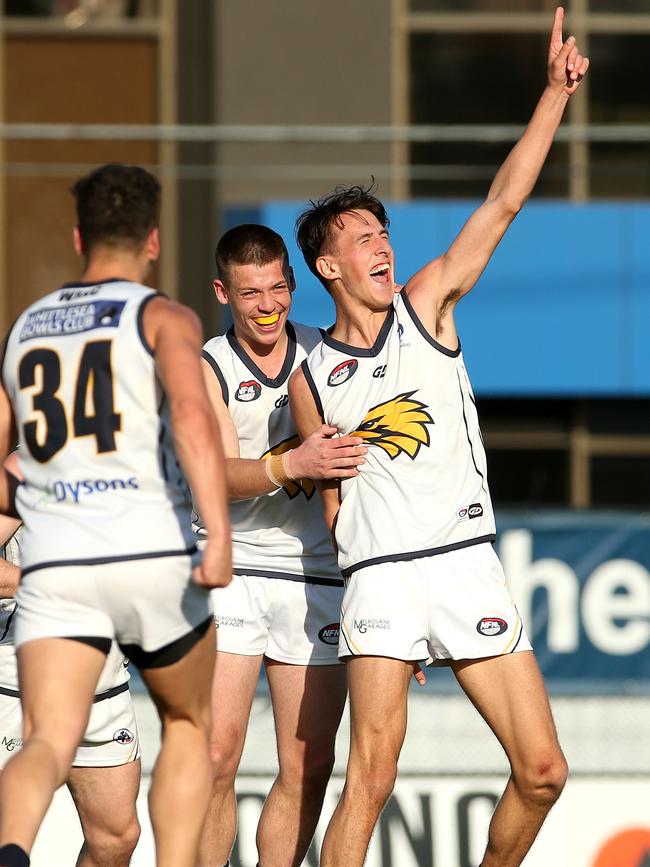 Jaron Murphy celebrates a last-quarter goal. Picture: Hamish Blair