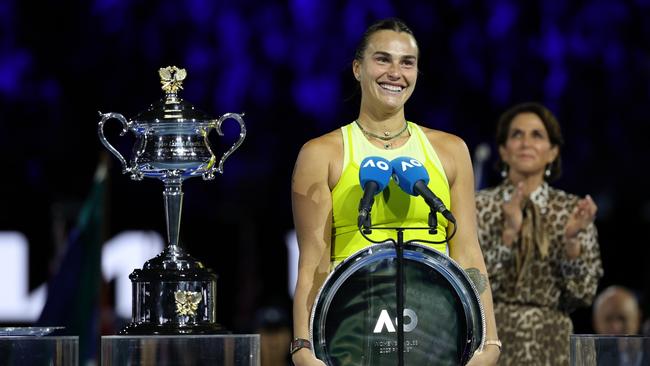 Aryna Sabalenka with the runner-up trophy. (Photo by Clive Brunskill/Getty Images)