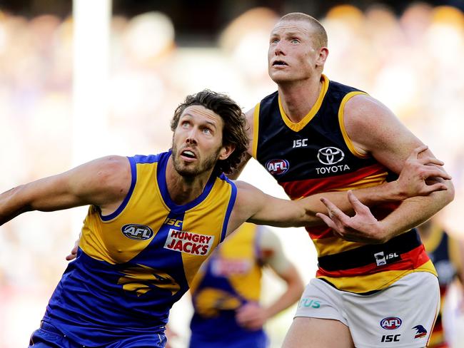 Adelaide’s Sam Jacobs and West Coast’s Tom Hickey contest a ruck contest during Sunday’s clash, which saw the Crows go down by 10 points. Picture: WILL RUSSELL/AFL PHOTOS VIA GETTY IMAGES