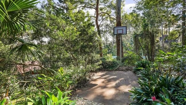 Outdoor basketball court among the trees.