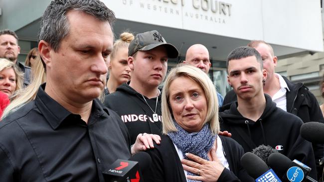 Wayne and Denise Chase, the parents of Mitchell Chase, speak to the media outside court. Picture: AAP/Richard Wainwright